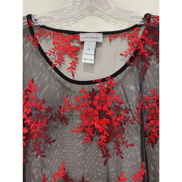 Catherines Sheer Mesh Embroidered Sequins Top Sz 1X Red Black Witchy Renaissance - Picture 3 of 9